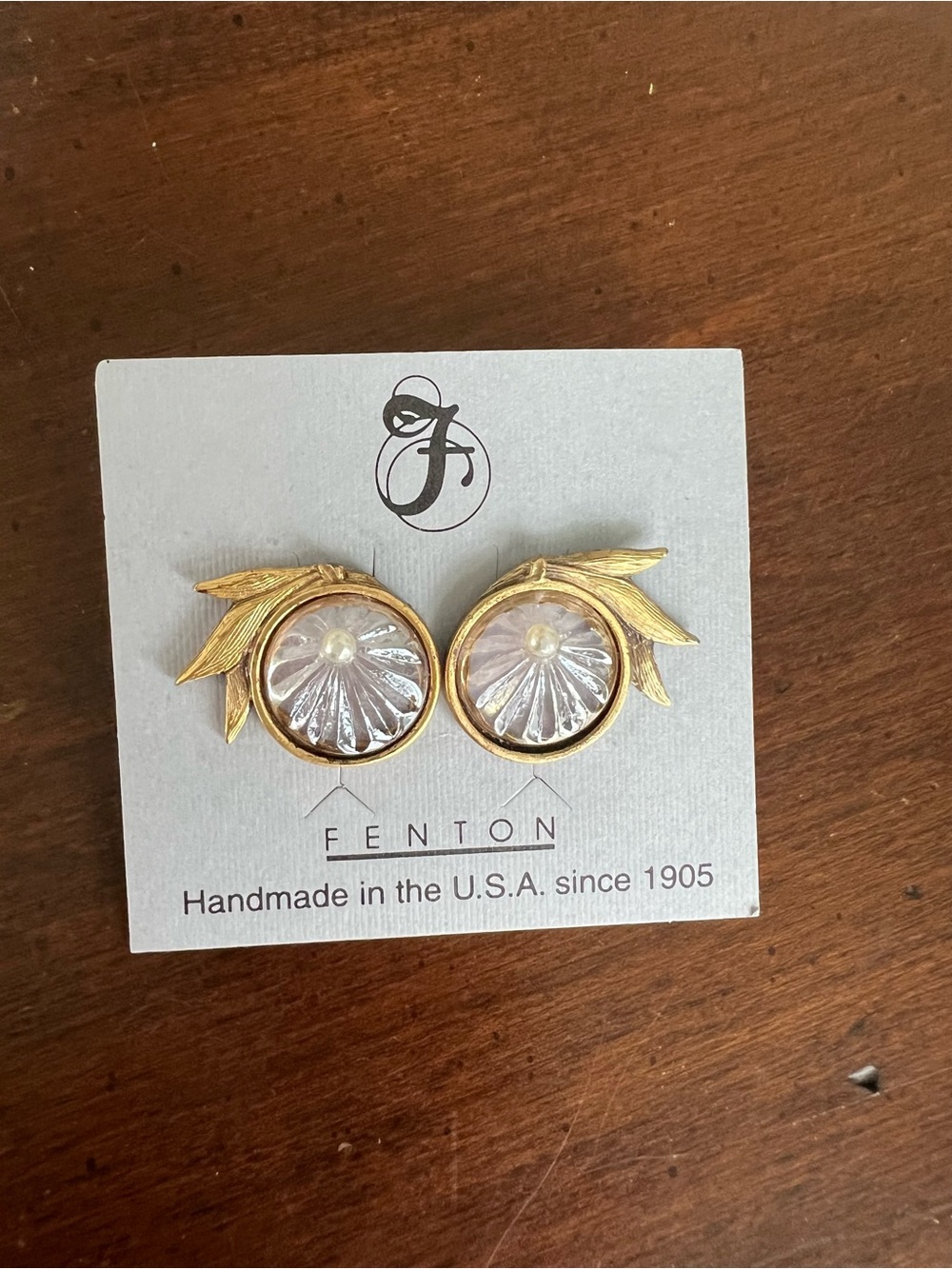 Fenton Gold-Tone Earrings with Pink Pressed Glass Floral Centers